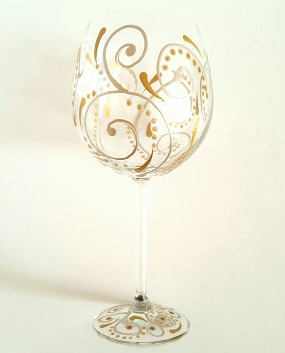 Gold and Silver Swirl Wine Glasses Hand Painted Elegant