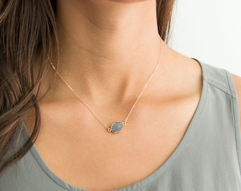 Druzy Necklace Gold Edged Stone on 14k Gold fill Chain / Druzy Tiny Crystals, Genuine Simple Gemstone Necklace / Layered and Long LN715
