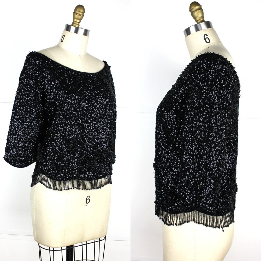 Black Beaded & Sequin Three Quarter Sleeve Top with Fringe
