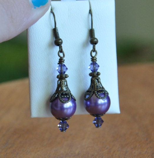 Purple Pearl Drop Earrings bridesmaid gift purple earrings