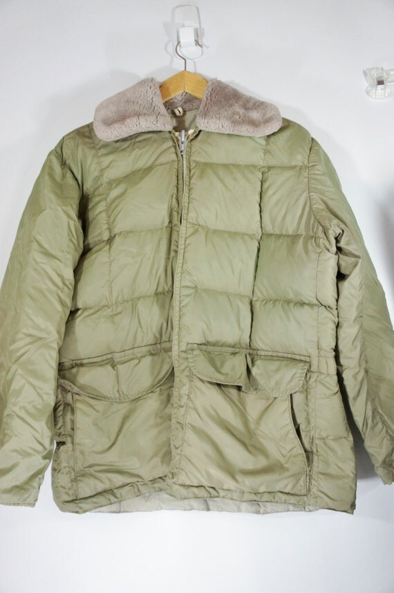 Vintage COMFY All Down Anorak Puffer Coat Seattle Quilt Mfg Water Repellant Green with Sherpa Collar Jacket M/L