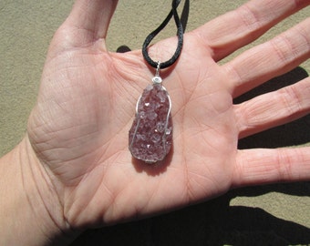 Amethyst Crystal Pendant - Amethyst Crystal Druse Wire Wrapped in Sterling Silver - Druzy Raw Crystal Necklace