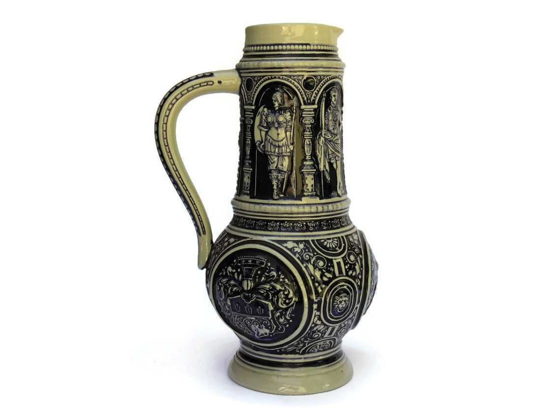 German Beer Stein Pouring Pitcher. Large Blue and White Ceramic Beer Jug.