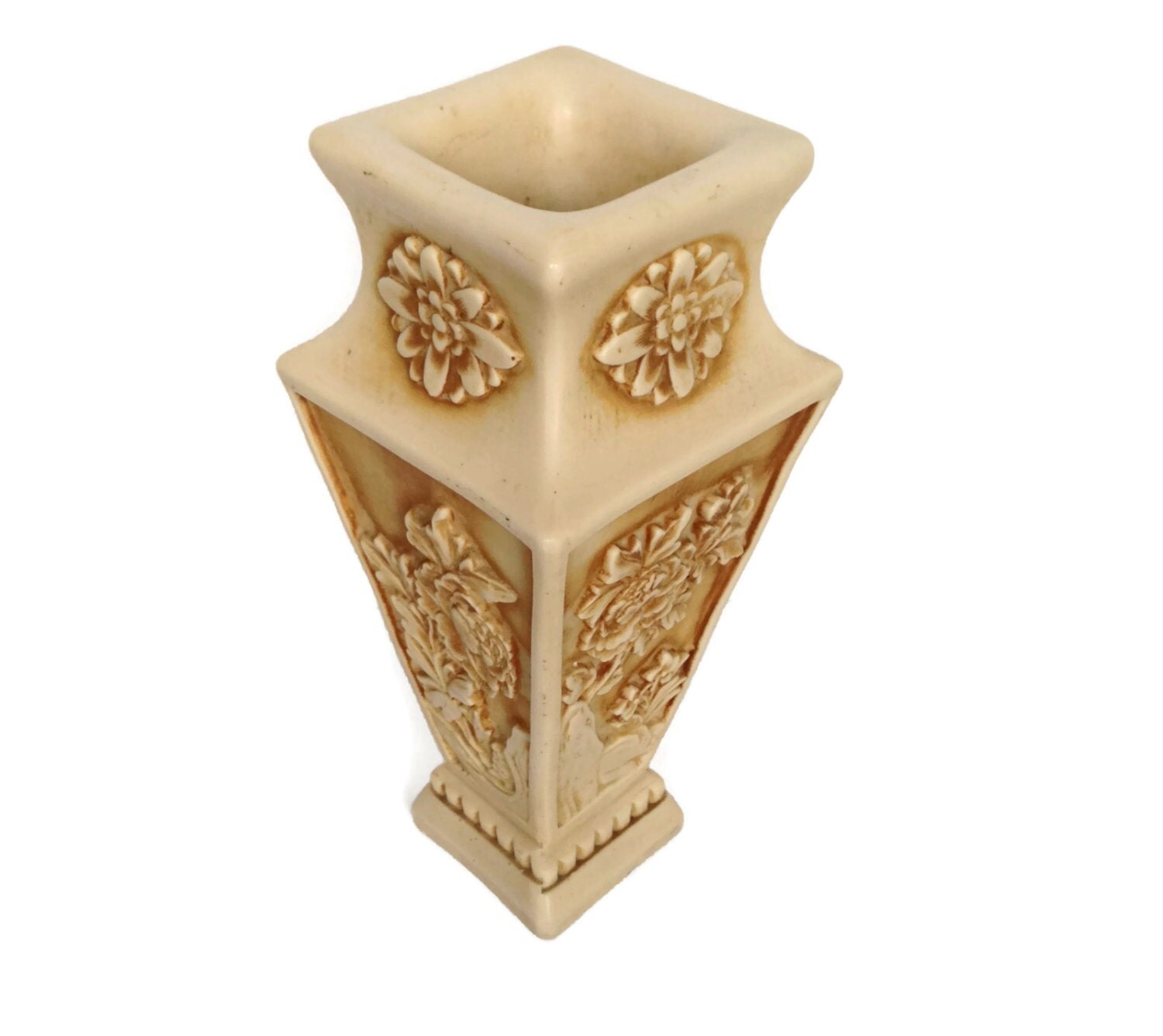 Chinese carved lotus flower vase vintage faux ivory asian