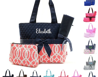 Monogrammed Diaper Bag Quilted Baby Tote Boy Girl Gift Personalized Monogram Name Embroidered Pink Blue Navy Coral Mint Anchor Owl Chevron