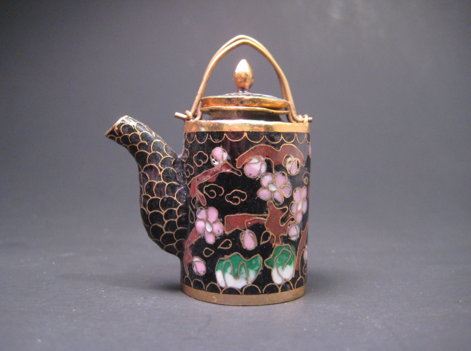 Vintage Cloisonne Teapot Miniature Floral Enamel Over Brass