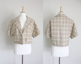 1950s Swing Jacket | Wool Blazer | Houndstooth Blazer | Striped Bolero | Cream Blazer | Medium | Junior Sophisticates
