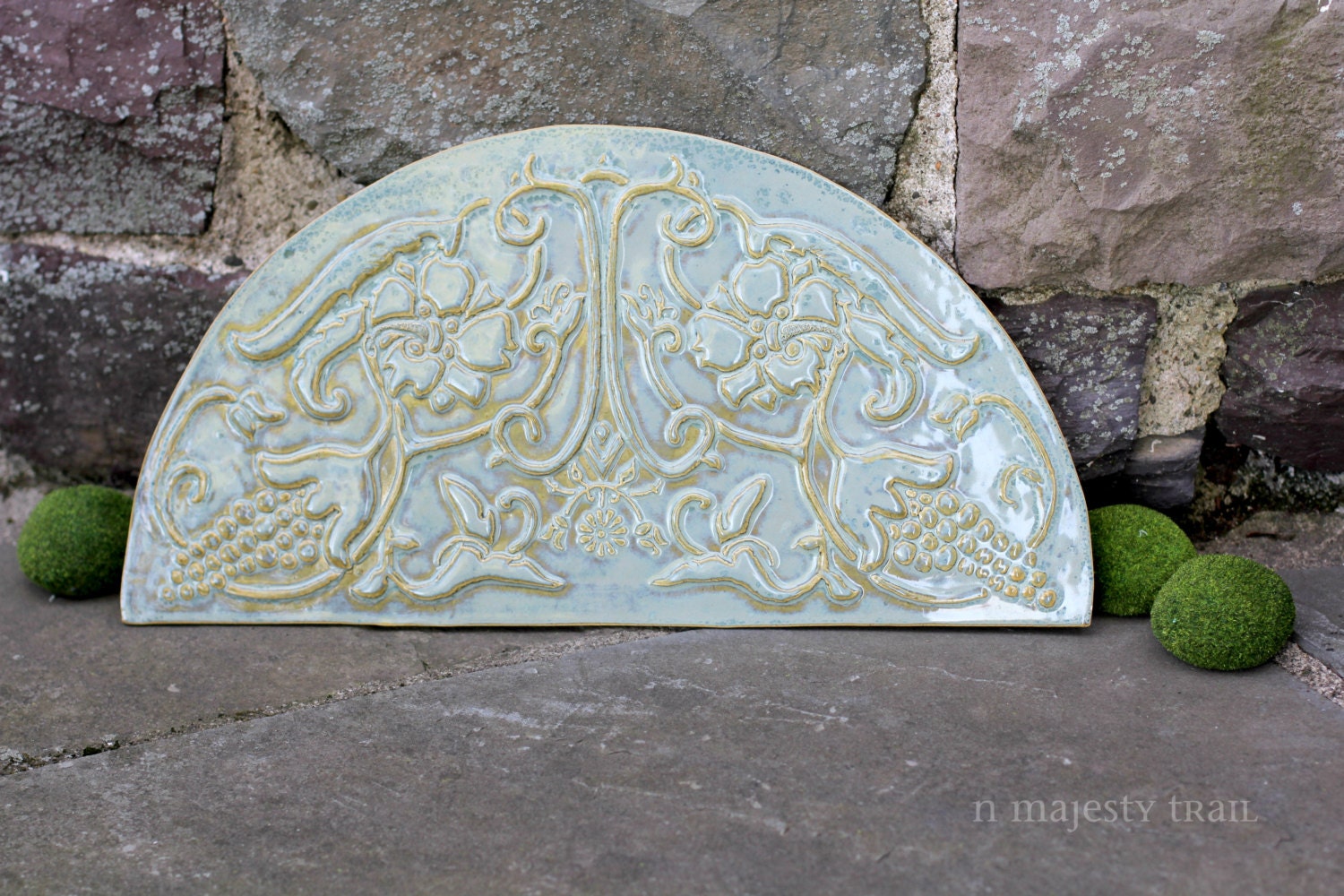 Large Decorative Tile. Vintage. Artisan. Half moon. Pottery.