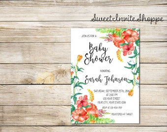 Watercolor Floral Baby Shower Invitation, Boho Flowers Invitation, Red Flowers Baby Shower Invitation, Rustic Floral Invitation, DIY