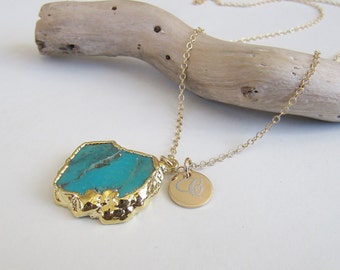 Turquoise Slice Necklace, December Birthstone, Gold Turquoise Necklace, Turquoise Jewelry, Everyday Necklace, Gold Filled Necklace, Simple