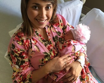 Mom and me robes, floral birthing robe, pregnancy and labor, newborn boy swaddle, hospital wear robe, nursing robe set, cotton delivery robe