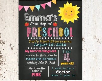 First Day of Preschool Sign, First Day of School Chalkboard Sign, Printable Photo Prop, Personalized Back to School, Sunshine