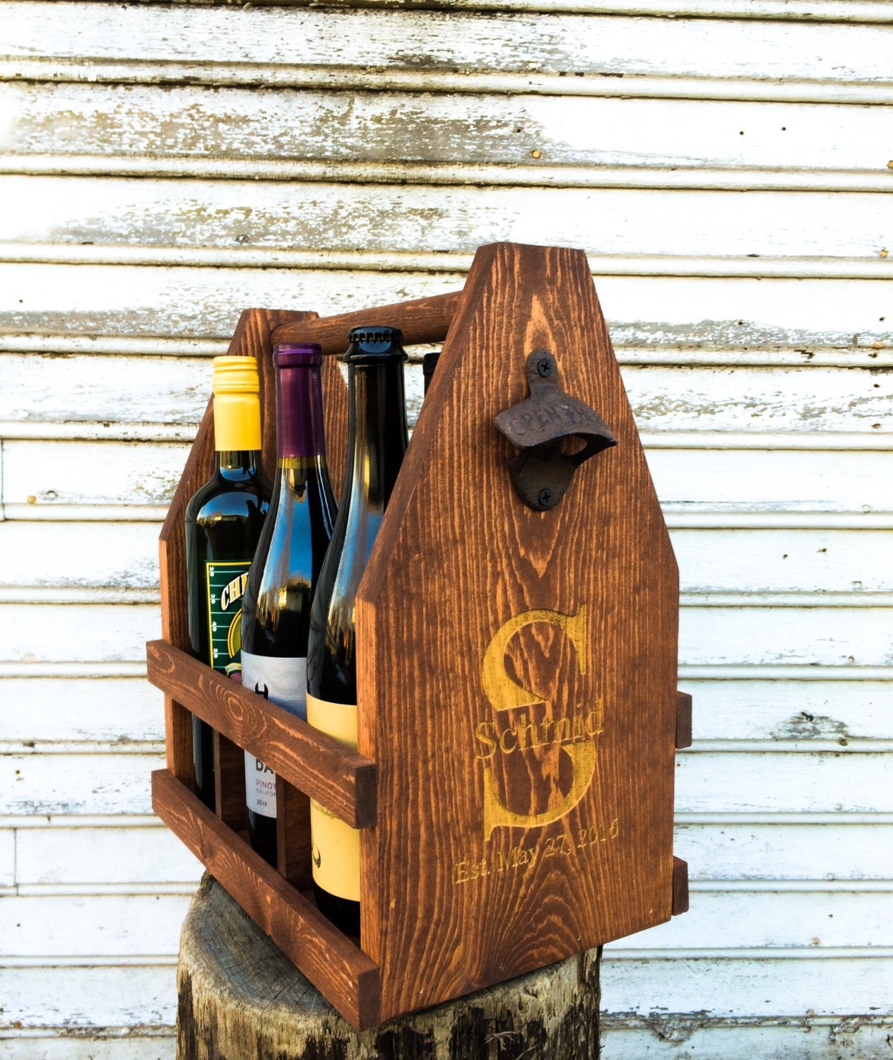 6 Bottle Monogram Wooden Wine Caddy 750mL Beer Tote Wood