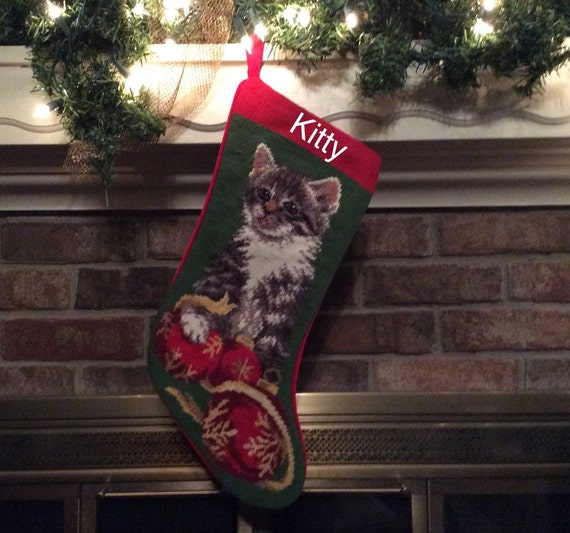 Gray and White Tabby Cat Personalized Needlepoint Christmas