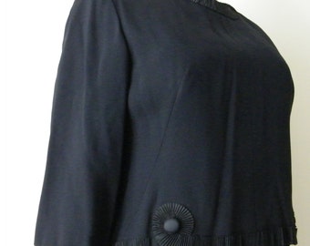 Vintage 1940s Black Crepe Dress, Pleated Ribbon Dress, Miss Troy Dress, Vintage Mad Men Style Dress, Black 2pc Dress, Evening Dress, Medium