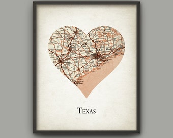 Texas State Map Print - Love Heart Texas - Texas Travel Poster - Texas United States - Travel Gift Idea - Texas State Gift Idea