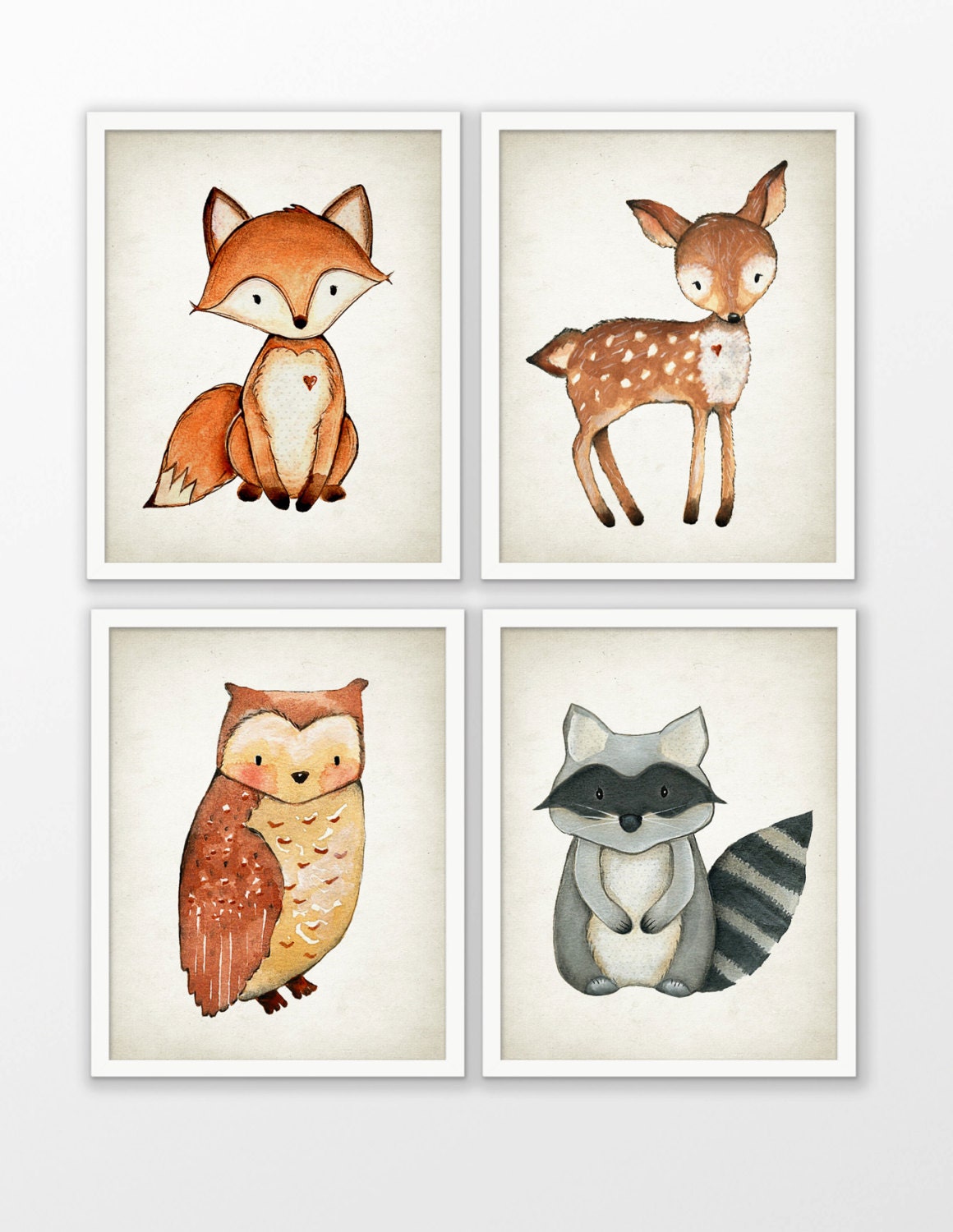 Woodland Watercolor Animals Nursery Prints Set Of 4 Fox Deer