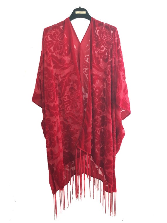 Victorian red Kimono velvet jacket boho devore burnout Brown
