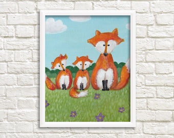 DIGITAL Print kids art FOXES - Instand download - Foxes painting (0005)