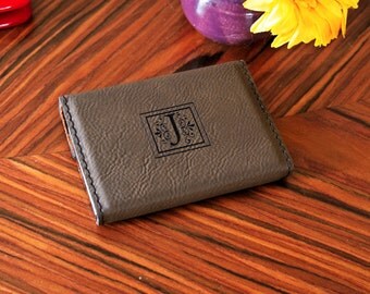Leather Business Card Holder - Personalized Custom Engraved Leather style Business Card Holder Up to 2 Lines of Text or your corporate logo