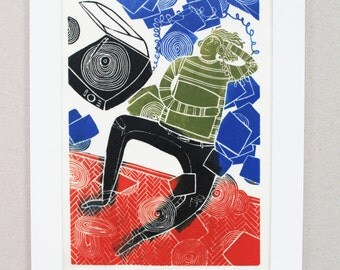 Vinyl Delights limited edition linocut print - original art by Hannah Forward - obsessive record collecting - printmaking wall art gift