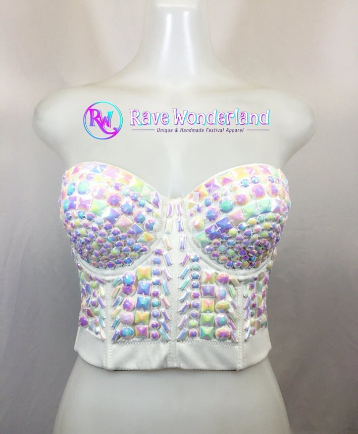Women's White Rhinestone Crop Top White by RaveWonderlandStore