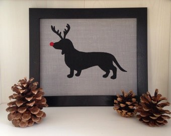Gray Burlap Rudolph the Red Nosed Reindeer Dachshund Canvas Board
