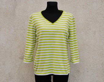 MARIMEKKO Shirt Nautical Top Green White Striped Sailor Blouse Marine Sweater Half Long Sleeve Large Size