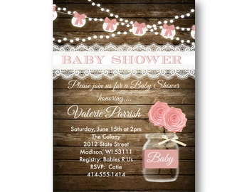 Rustic Baby Shower invitation girl pink shabby chic lace wood printable or printed pink and white bows baby shower invite for girls baby 5x7