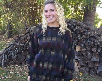 Ivy Crew Sweater - XL - Crew Neck Sweater, Checkered Sweaters, Boyfriend Pullover Jumper, Crewneck, Loose-Fitting, Ladies Sweater Pullover