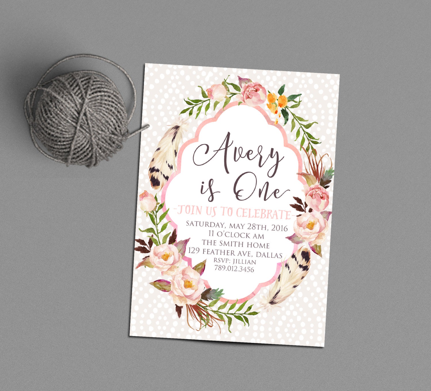 1st Birthday Party Invitation Printable Feathers Boho Chic