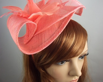 Coral Pink Leaf Sinamay Fascinator with Feather Flower - Hat Wedding Races