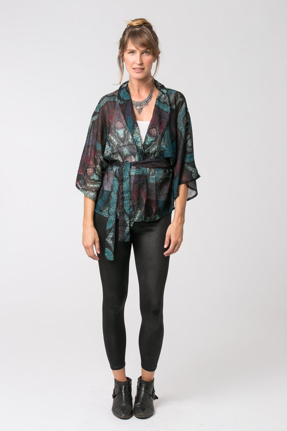 Dragon Green Kimono Jacket Boho Kimono Short Kimono Sheer