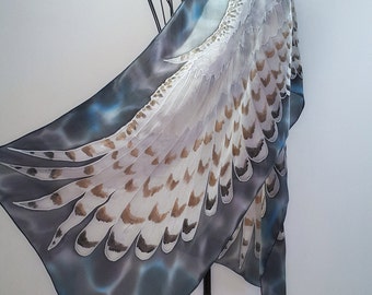 Hand painted silk scarf - The Snowy owl- owl silk scarf-bird scarves-wings scarf