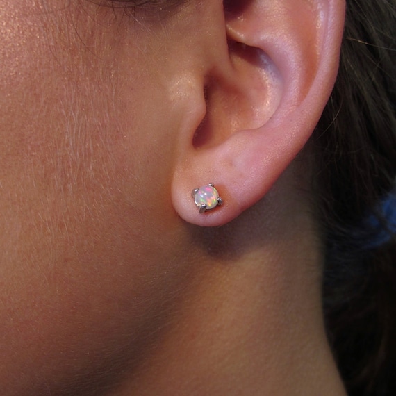 Genuine Opal Studs, Opal Earrings, Silver Studs, Gem Studs, Post Earrings, Round Opals, Solitaire Opal, Elegant Studs, White Opal, Rainbow