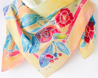 Orange Silk Scarf Handpainted Gift for Wife Square Silk Scarf Hand Painted Silk Shawl Wedding Gift 12 year anniversary Yellow Scarf