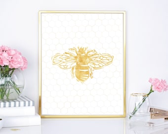 Save the Bees 8x10 print, 16x20 poster - Honeybee print, Bumblebee print, Preppy Wall Art Decor, modern wall art, gold bee print, Honeycomb