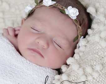 Boho style braided leather halo with white or light pink paper cabbage roses for newborns