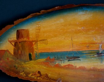 vintage oil painting on large wood slice