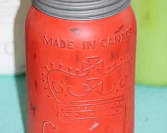 Hand painted and distressed vintage Canadian Crown mason jar with lid and date stamped 1952