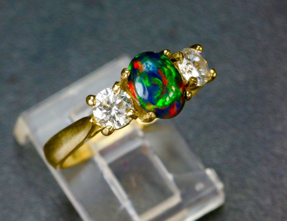 Black Opal & 1/3 carat Diamond Engagement Ring. Gold or