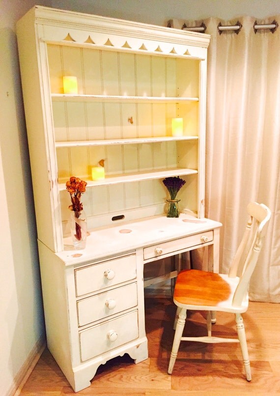 Free Vintage Refurbished Desk Set Lexington 1994 Antique Distressed White Three Piece Book Shelf