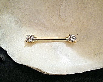 WHITE CZ CLEAR Nipple Barbells Gold Plated, 14g, 12mm 14mm 16mm barbell, Prong Set cz End Caps. 1 Barbell