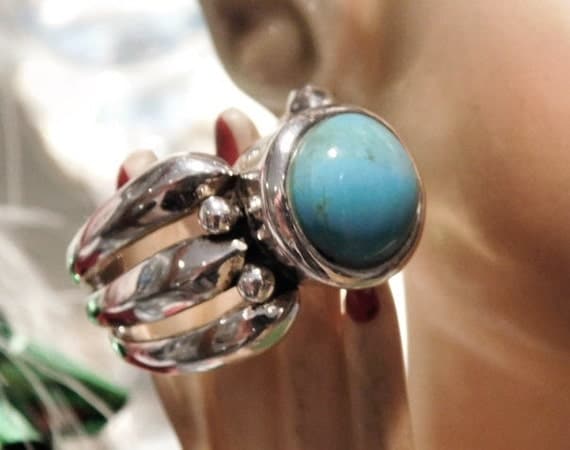 Turquoise Ring BARSE Sterling Silver Statement Modernist Vintage Ring Southwestern Western Gemstone Gem BOHO Bold Chunky Turquoise Triple