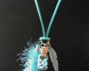 Message in bottle Turquoise glass pendant and feathers, Message pendant, Boho Gift for her