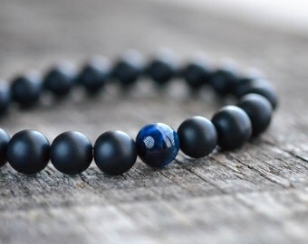Blue Tiger Eye Onyx Bracelet • Mens Bracelet • Womens Gemstone Bracelet • Black Beaded Bracelet • Stretch Bracelet • Jewelry • Gifts