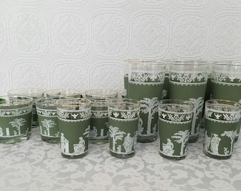 Vintage Cocktail Glasses, Cocktail Glasses Set, Green Hellenic Glasses, Grecian Glassware Set, Vintage Barware Set, Collectible Glass