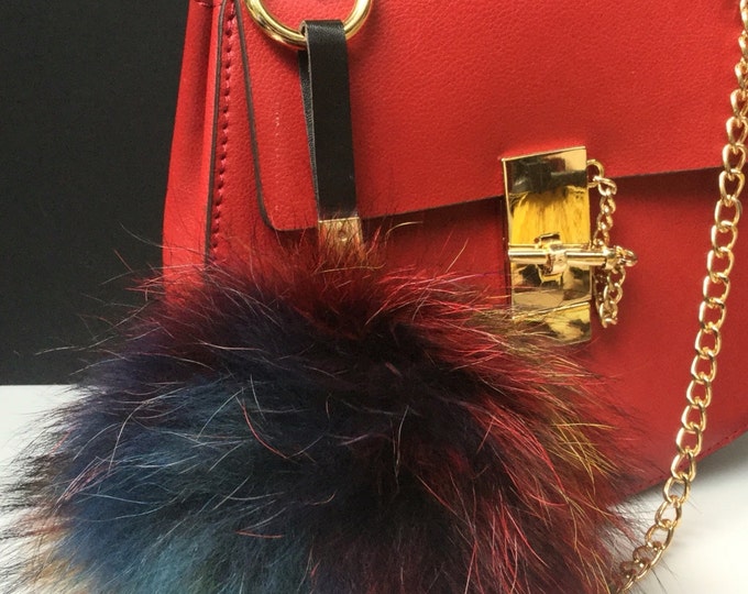 Blogger Reccomended NEW Tropical Swirl™ Multi Color Raccoon Fur Pom Pom bag charm clover flower keychain ( 2 way pom pom)