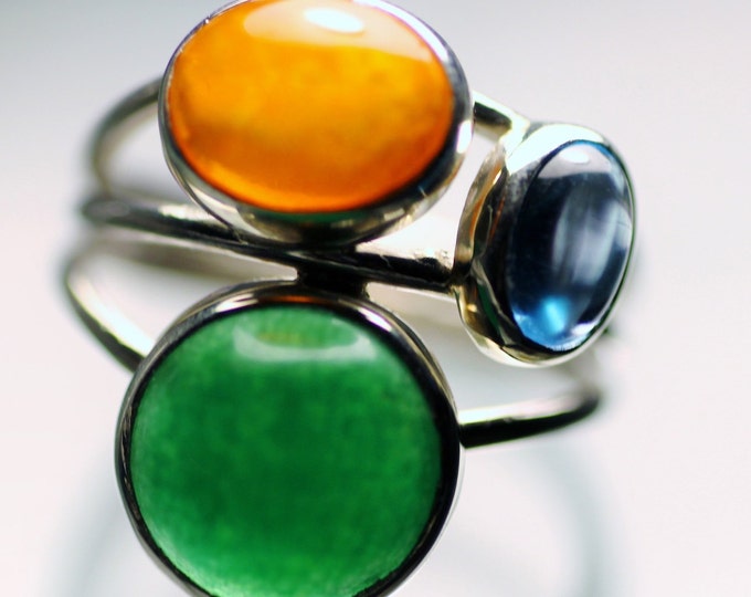 Triple ring / topaz green agate opal ring / fire opal ring / gold ring / natural stone ring / gift