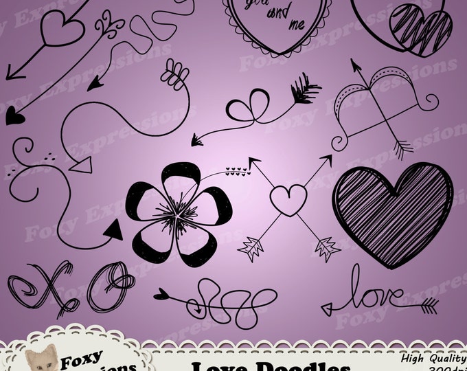 Love Doodles digital clip art pack comes with 15 hand drawn arrows, hearts, flowers, & love sayings that is sure to bring a touch of romance